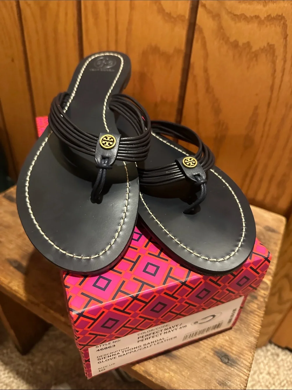Tory Burch Navy Leather Toe-Post Sandals with Gold Logo